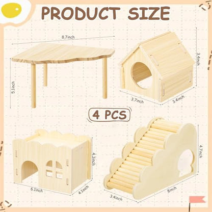 BreezeHug 4 Pcs Hamster Cage Accessories Hamster Platform Hideout Wooden Tunnel Ladder Playhouse Game Climbing Toy with Platform for Pets Dwarf Syrian Mice Degus Gerbils Squirrel(Wave House) - style: Wave House