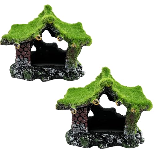 Tfwadmx Aquarium Decoration House Resin Hollow Betta Hideout House Fish Hide Tank Terrarium Accessories Cave Ornament for Small Shrimp Hideaway with Moss（2Pcs） - size: 2PCS