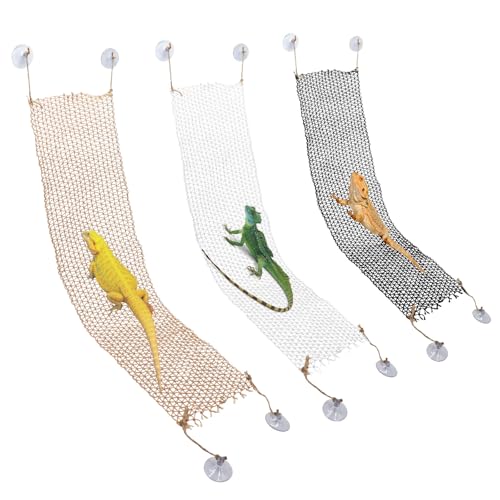 3 Pack Collapsible Reptile Hammock with Suction Cups, Breathable Climbing Net Lounger for Bearded Dragon, Gecko, Snake, Hermit Crab, Reptile Tank Accessories