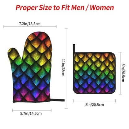 Dragon Scales Reptile Skin Heat Resistant Oven Mitts and Pot Holders Set of 4-500°f Protection Utensil Pocket for Grilling, Baking, Cooking
