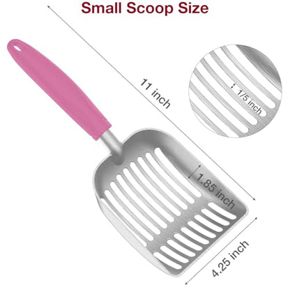 Cat Litter Scoop, Kitty Metal Scooper, Aluminum Alloy Sifter, Kitten Pooper Lifter, Deep Shovel, Long Handle, Poop Sifting, Durable, Heavy Duty, for Litter Box - color: Flat Aluminum-Pink Handle, size: Small