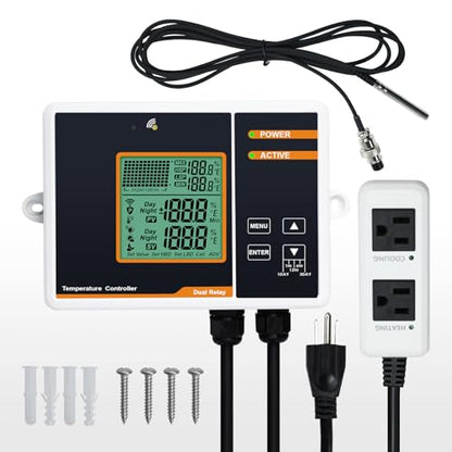 Digital Temperature Controller, Smart Thermostat Controlled Outlet Plug with Day Night Control and Ultra High/LowTemperature Alarm, Thermostat for Reptiles, Greenhouses,Aquarium