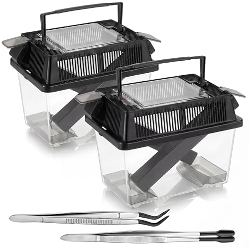 Cricket Keeper with Feeding Kit Transparency Cricket Keeper with Tubes Includes Feeding Tongs and Curved Tweezers Insect Breeding Box for Gecko Snake Lizards (2 Pack,7.09 x 4.33 x 6.3 Inches) - size: 7.09 x 4.33 x 6.3 Inches