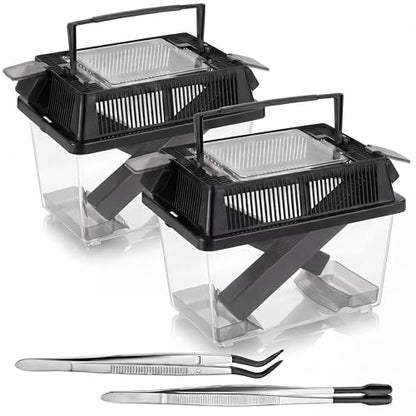 Cricket Keeper with Feeding Kit Transparency Cricket Keeper with Tubes Includes Feeding Tongs and Curved Tweezers Insect Breeding Box for Gecko Snake Lizards (2 Pack,7.09 x 4.33 x 6.3 Inches) - size: 7.09 x 4.33 x 6.3 Inches