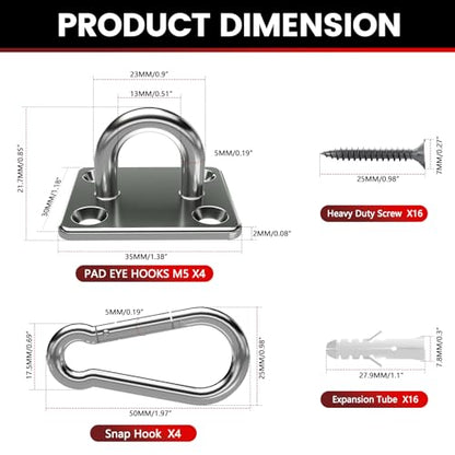 304 Stainless Steel Pad Eye Snap Hook, M5 Ceiling Hook 500Lb,8Pcs | Hanging Kit with Screws for Hammock Chair Swing, Yoga Gym Equipment, Sun Shade Sail, Plant Hangers & Marine Boat Hardware - size: 2 Inch, style: Square