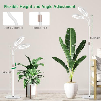 Aumtrly Large Plant Grow Light Indoor, 2 Head Full Spectrum, with 68" Stand | 168 LED, White Floor Growing Lamp for Tall Plant, 6/12/16H Timer, 5 Dimming, Adjustable Height, Flexible Gooseneck,Metal Base - size: 2 head 68inch/white
