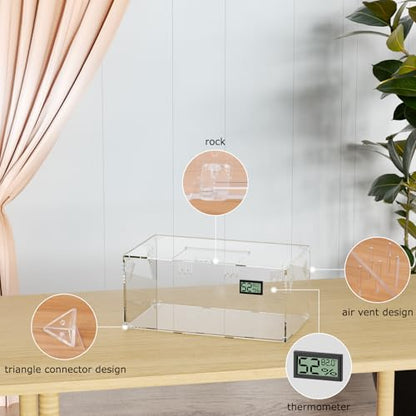 Acrylic Tarantula Enclosure, Reptile Terrarium Breeding Tank w/Temperature Hygrometer,Habitat Reptiles Feeding Box Isopod Terrarium Cage for Insect Lizard Home Office (Reptile-Tank-L(No Tray)) - size: Reptile-Tank-L(No Tray)