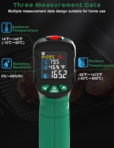 Infrared Thermometer Gun,SQECH Laser Thermometer Gun -58℉～1472℉(-50℃～800℃),Temperature Gun with Ambient Temperature&Humidity/Adjustable Emissivity/Color Backlight for Cooking, Oven,Engine,HVAC - color: Green(-58℉～1472℉)
