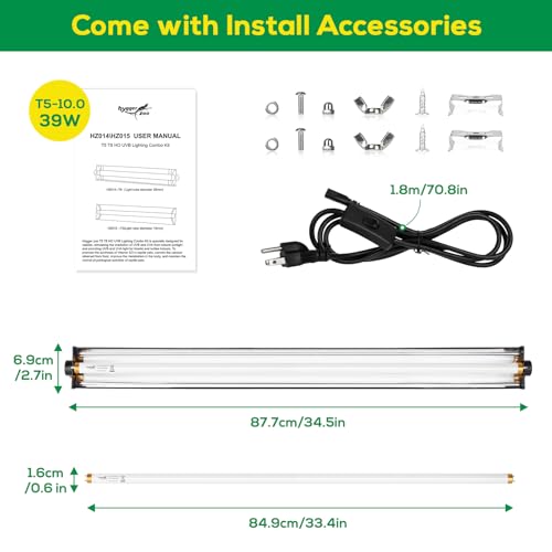 T5 UVB Reptile Light Fixture HO UVB Bulb Lighting Combo Kit, 10.0 UVB Light for Reptiles Terrarium Hood with 39W Reptile Light Bar UVA UVB Desert Lamp for Bearded Dragon Turtle Tank, 34Inch - size: T5-34Inch