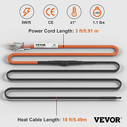 VEVOR Self-Regulating Pipe Heating Cable, 18-feet 5W/ft Heat Tape for Pipes Freeze Protection, Protects PVC Hose, Metal and Plastic Pipe from Freezing, 120V - size: 18 Feet