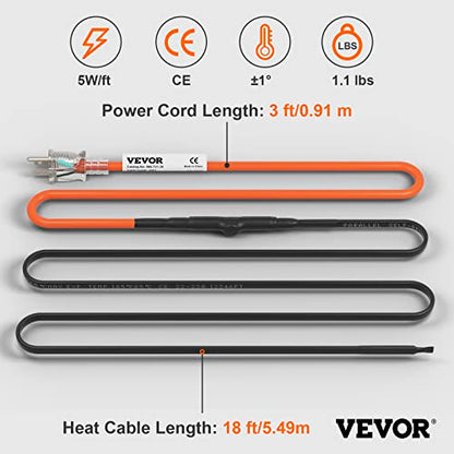 VEVOR Self-Regulating Pipe Heating Cable, 18-feet 5W/ft Heat Tape for Pipes Freeze Protection, Protects PVC Hose, Metal and Plastic Pipe from Freezing, 120V - size: 18 Feet