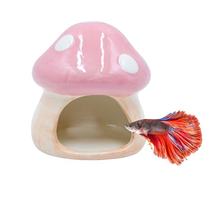 Ceramic Fish Tank Ornament & Hiding Cave, Aquarium Shelter Decor, Cute Mushroom House Style for Betta Fish, Goldfish, Shrimp, Hermit Crab and Reptiles (Pink)