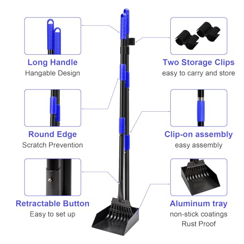Pooper Scooper, Dog Pooper Scooper Tray and Rake Set with Adjustable Stainless Steel Long Handle for Large Medium Small Dogs (Blue) - color: Blue