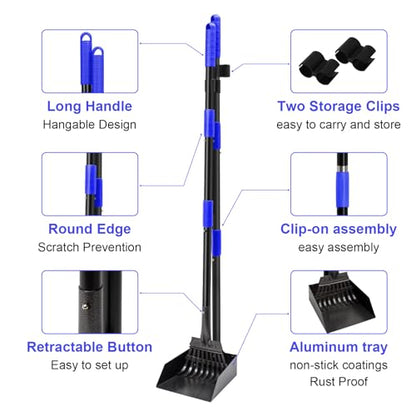 Pooper Scooper, Dog Pooper Scooper Tray and Rake Set with Adjustable Stainless Steel Long Handle for Large Medium Small Dogs (Blue) - color: Blue