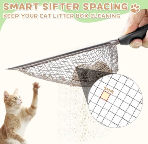1Pc Stainless Steel Cat Litter Scoop, Fine Mesh Pet Sand Sifter Shovel | Small Hole Mesh Scooper with Comfort Handle,Suitable for Bentonite Sand, Cat, Reptile,Quail Terrarium Waste Cleaning