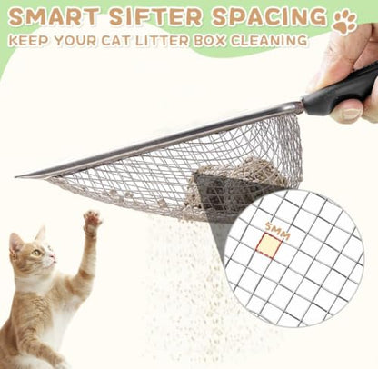 1Pc Stainless Steel Cat Litter Scoop, Fine Mesh Pet Sand Sifter Shovel | Small Hole Mesh Scooper with Comfort Handle,Suitable for Bentonite Sand, Cat, Reptile,Quail Terrarium Waste Cleaning