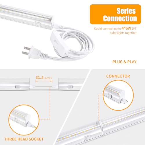 T5 1FT 0.3M 6W×4 White Light 5000K Grow Light Tubes,Full Spectrum LED Grow Lights,6W Energy Efficient,Plug & Play,for Hydroponics/Soil Seedlings Vegetables Herbs Flower (4 Packs) - color: White Light