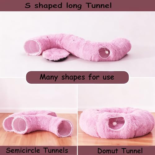 Cat Bed Tunnel Tube Toy Pink Plush | Collapsible Round Tunnels for Indoor Cats, Interactive Toys Play Tubes with Hanging Ball for Kitten, Puppy, Rabbit - color: Pink Plush O