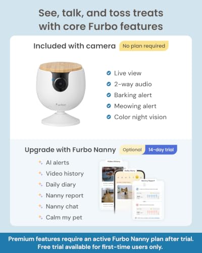Furbo Mini Pet Camera [No Monthly Fee] | 130° Wide View, Barking/Meowing Alerts, 2-Way Audio, Night Vision, Mountable Design, Pet Monitoring, No AI Alerts or Rotation - style: Mini Camera