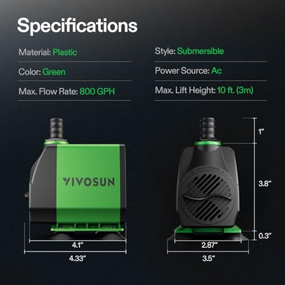 VIVOSUN 800GPH Submersible Fountain Water Pump for Pond, Aquarium, Statuary | 3000L/H, 50W, Ultra Quiet Water Pump with 10ft. High Lift and 6.5ft. Power Cord, 3 Nozzles for Hydroponics, Green - size: 7"×5"-800