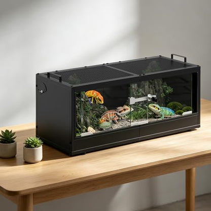 20 Gallon Reptile Tank Front Opening Reptile Terrarium Tank with Breathable Metal Screen Top Reptile Enclosure with Sliding Glass Door Safety Lock for Insects, Lizards, Geckos, Snakes, Small Animals