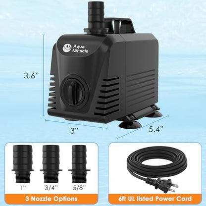 AquaMiracle Submersible Water Pump Aquarium Water Pump with Flow Control, Pond Pump Fountain Pump for Pond, Fountain, Waterfall, Statuary, Water feature, Hydroponics (800GPH, 55W) - size: 800GPH, 55W