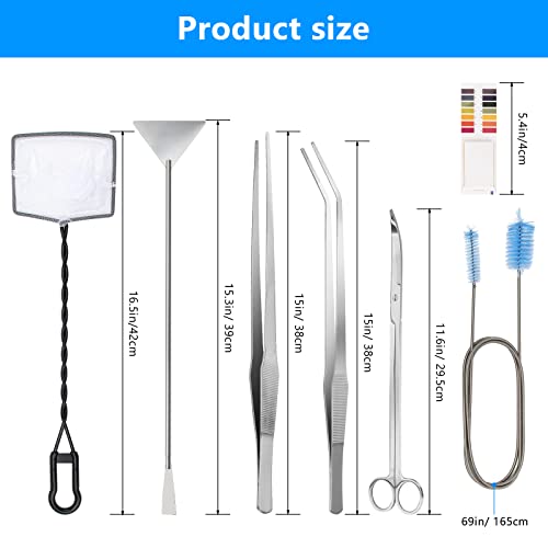 Extra Long Aquarium Aquascaping Tools Kit 8 in 1, Liveek Stainless Steel Aquarium Plant Tools Long Fish Tank Aquascape Tweezers Scissors Scrapers, PH Paper, Fish Net, Aquascape Clean Brush, Bag