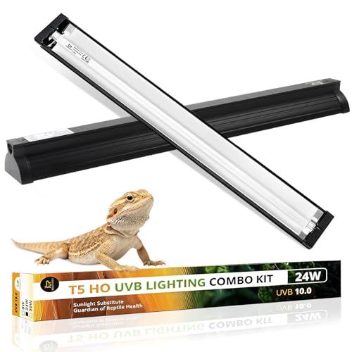 T5 UVB Reptile Light Fixture Combo Kit 24W 10.0 – Complete HO UVB Light for Reptiles with 22.68" Terrarium Hood, Desert UVB Bulb for Bearded Dragon Gecko Tortoise Lizard – Easy to Install and Use - size: 10.0-22.68 in