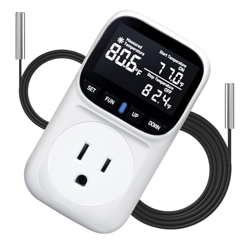 1800W Digital Thermostat for Reptile Tank, -40℉~210℉, Plug in Thermostat for Heater/Greenhouse with 5m/2m Cable, 15A Temperature Controlled Outlet with VA Display, Temp ±0.1°F, White - color: Plug in-White