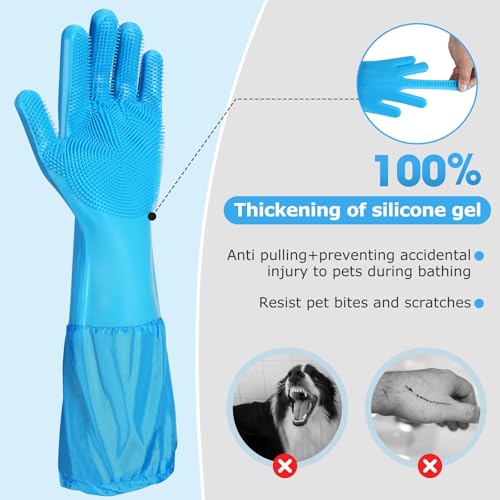 Dog washing gloves | Pet grooming gloves | Extra Long Arms 17.3in (blue) | This pet hair removal glove is made of thickened waterproof silicone and features scratch and bite resistance. - color: blue