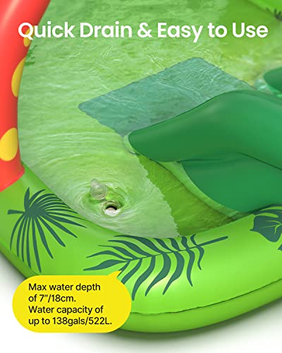 Inflatable Kids Pool, Airefina Dino Planet Inflatable Play Center Kiddie Pool with Water Slide, Ultra Thick 97"x76"x41" Toddler Pool with Play Ball Hoop, for Backyard, Garden, Water Park, Ages 3+ - size: Dino