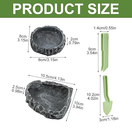 Reptile Bowls, 2 Pcs Reptile Feeding Dish with Clamp & Shovel, Resin Rock Reptile Water & Food Bowls, Amphibian Reptile Feeding Terrarium Bowls for Gecko Lizard Spider Scorpion Chameleon