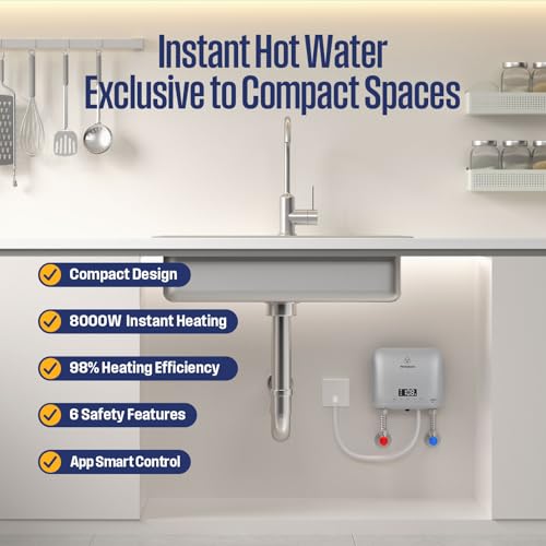 Westinghouse 8kW Tankless Water Heater Electric, 240V, Smart WiFi Control | Under Sink Water Heater Electric, Instant Hot Water Heater, Apolo Mini, Low Watt, Compatible with Kitchen, Sink, Gray - color: Gray 8