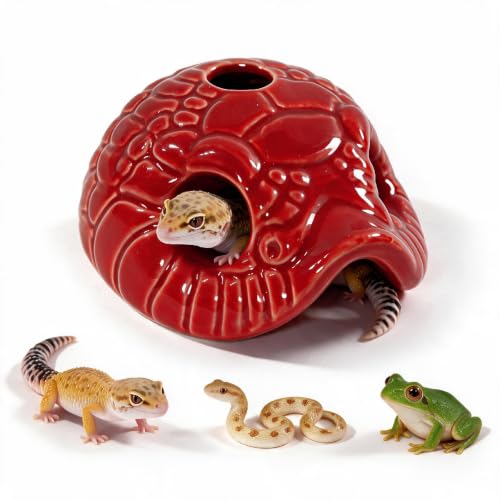Snake Head Reptile Hide Cave, Red | Small Ceramic, Gecko Hideout with Water Reservoir, Mini Terrarium Decor, For Juvenile Snake, Lizard, Frog - color: Red