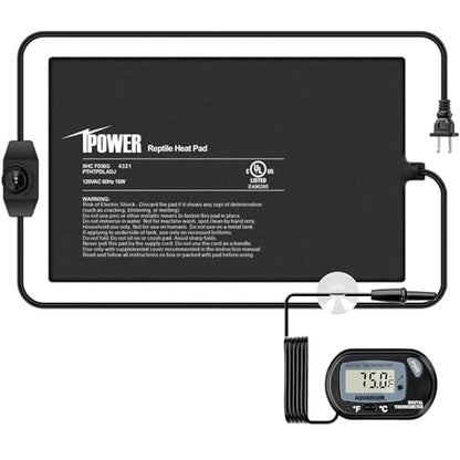 iPower 8x12 Inch Reptile Heating Pad with LCD Digital Aquarium Thermometer, Reptile Heat Mat with Adjustable Temperature Control for Reptiles - color: Black/Heat Pad with Adjust Knob+ Thermometer, size: 8" x 12"