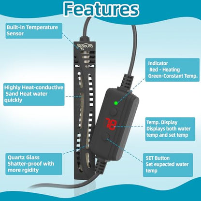 SEAOURA Small Aquarium Heater, 25W Mini Turtle and Betta Fish Tank Heater 1-6 Gallon Tank, Adjustable Submersible Aquarium Heater with External Controller for Freshwater and Saltwater - size: ≤ 6 Gal Tank