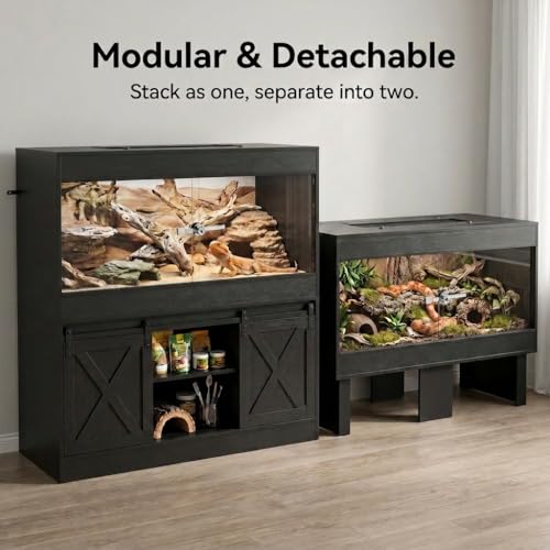Dual 120 Gallon Reptile Tank with Stand, Albizia Solid Wood-Core Double 4x2x2 Reptile Enclosure, Bearded Dragon Tank, XXL Stackable Reptile Terrarium Stand for Snakes, Lizards (Black)