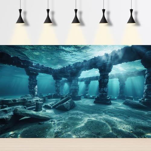 Under The Sea Aquarium Background Deep Sea Ancient Marine Ruins Fish Tank Background Underwater Enigmatic Ocean Submerged Structures Terrarium Backgrounds Sea Waves Reptile Tank Backgrounds 24x12in - color: Blue, size: 24(W)x12(H)in