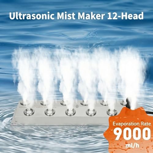 Ultrasonic Fogger Mist Maker 12 Heads, 9000ml/H 110V 400W Waterproof Ultrasonic Mister with Float, Pond Mister, Humidifier for Halloween, Vegetable Preservation, Greenhouse, Landscape