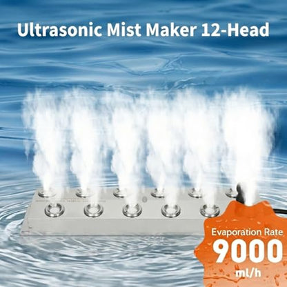 Ultrasonic Fogger Mist Maker 12 Heads, 9000ml/H 110V 400W Waterproof Ultrasonic Mister with Float, Pond Mister, Humidifier for Halloween, Vegetable Preservation, Greenhouse, Landscape