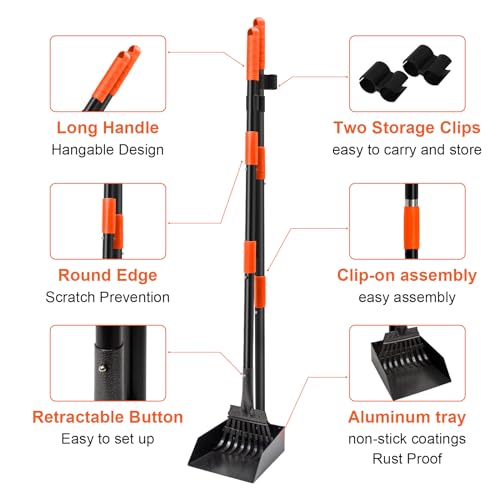 Pooper Scooper, Dog Pooper Scooper Tray and Rake Set with Adjustable Stainless Steel Long Handle for Large Medium Small Dogs - color: Orange