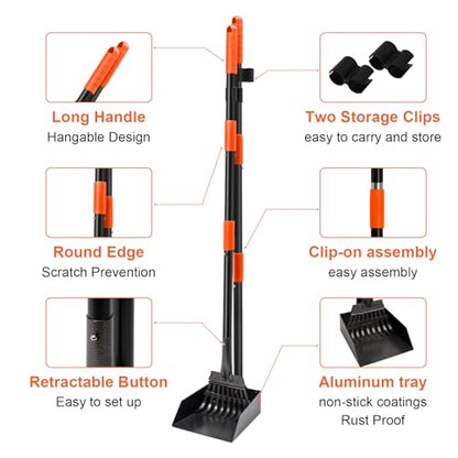 Pooper Scooper, Dog Pooper Scooper Tray and Rake Set with Adjustable Stainless Steel Long Handle for Large Medium Small Dogs - color: Orange