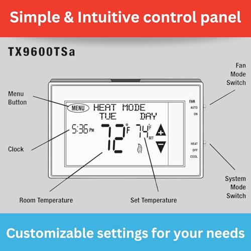TX9600TS Programmable 7-Day Large Touchscreen Heating Cooling Thermostat, White | Large Touchscreen, Heating Cooling - style: 7-Day Programmable 2-heat, 1-cool, Touchscreen Thermostat