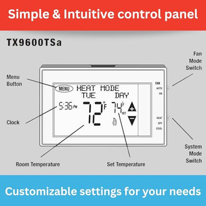 TX9600TS Programmable 7-Day Large Touchscreen Heating Cooling Thermostat, White | Large Touchscreen, Heating Cooling - style: 7-Day Programmable 2-heat, 1-cool, Touchscreen Thermostat