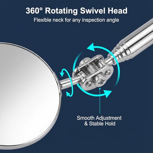 3 Pcs Stainless Steel Extendable Mechanic Mirror, Telescoping Inspection Mirror with Rotating Head, Round Mirrors on a Stick, Mechanical Mirrors Tool with Long Handle and Clip-On Design for Mechanics