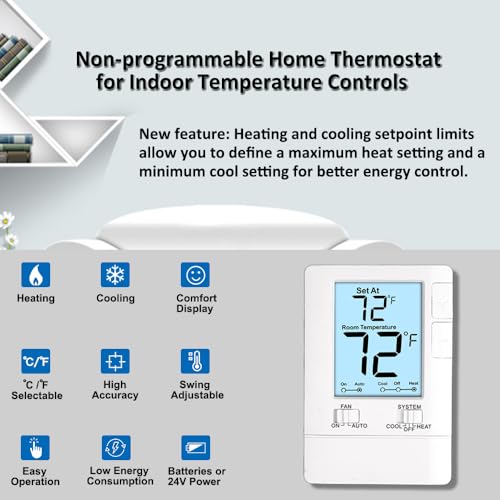 Thermostat for Home Non-Programmable Single-Stage Systems, 1 Heat/1 Cool, Easy DIY, White Backlight - color: White