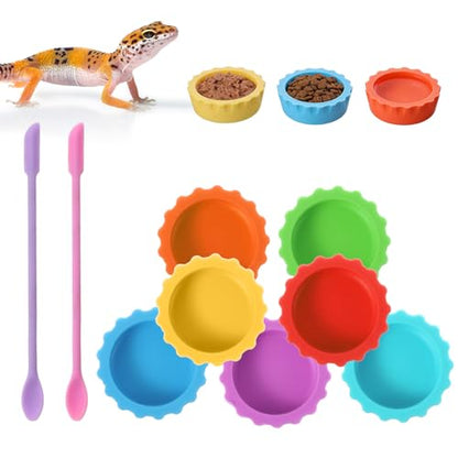 9Pcs Silicone Reptile Feeding Dish Set, Colorful Small Animal Bowls with 2 Silicone Spoon for Reptile Tanks, Practical Crested Gecko Tank Accessories for Small Pet