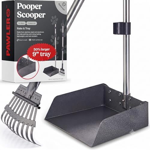 Metal Pooper Scooper for Dogs with Heavy Duty Long Handle Rake & XL Tray | Rustproof Aluminum Poop Scooper for Large Dogs, 36+" Handles and 9”W 9.5”L Extra Large Tray for Yard, Grass, Dirt & Gravel - color: 2 Piece Set - X Large- Silver