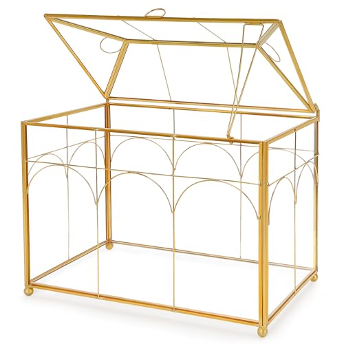 REDHUGO Glass Planter Terrarium with Lid, Indoor Display Box, Gold | Handmade Glass Terrarium with Lid for Succulents, Cacti, Air Plants and Flowers, Ideal for Indoor Tabletop Display - color: Gold