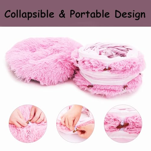 Cat Bed Tunnel Tube Toy Pink Plush | Collapsible Round Tunnels for Indoor Cats, Interactive Toys Play Tubes with Hanging Ball for Kitten, Puppy, Rabbit - color: Pink Plush O